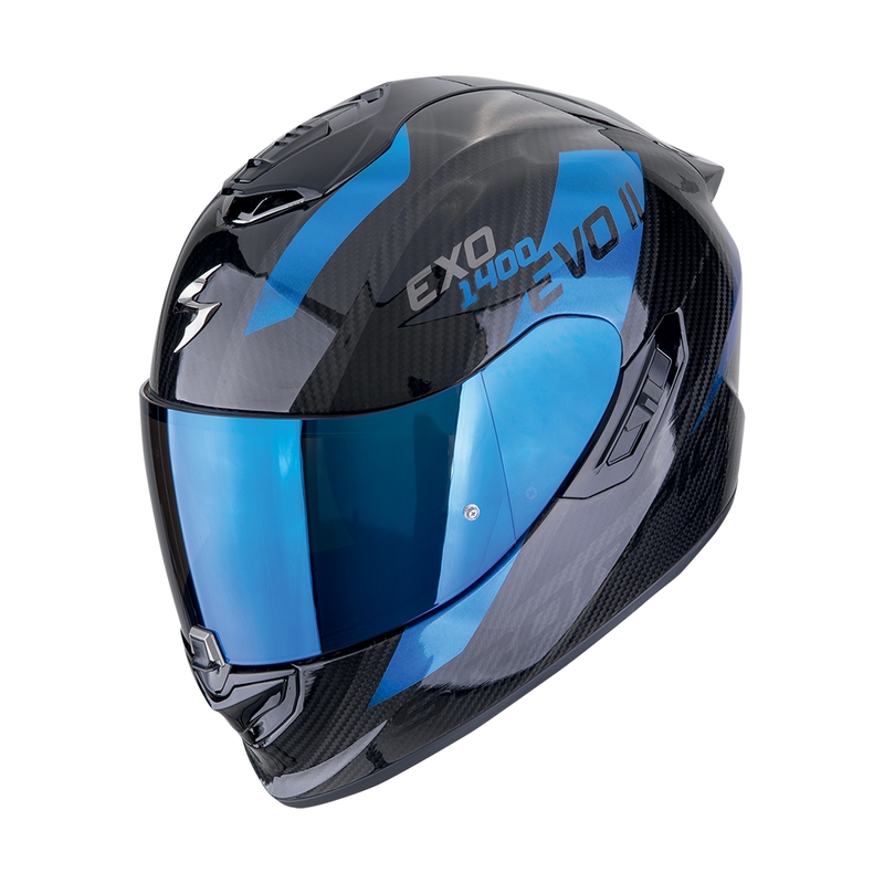 Integrierter Motorradhelm Scorpion EXO-1400 EVO II CARBON AIR PLATTED schwarz-blau Ausverkauf