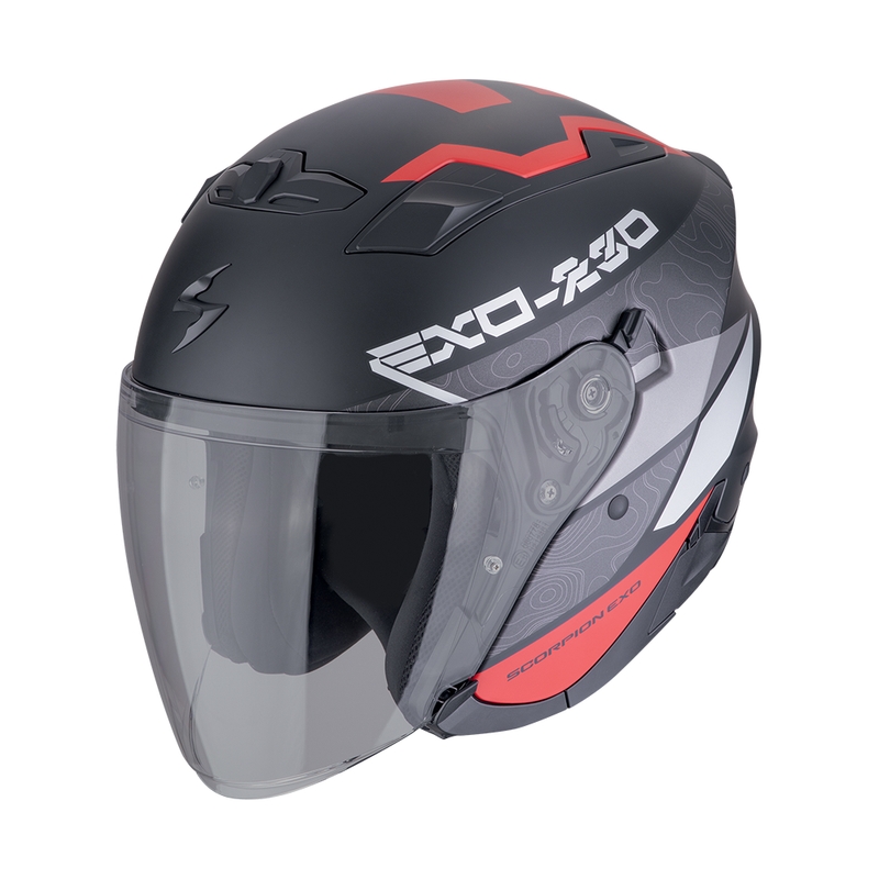 Offener Motorradhelm SCORPION EXO-230 BAND mattschwarz-rot-silber Ausverkauf