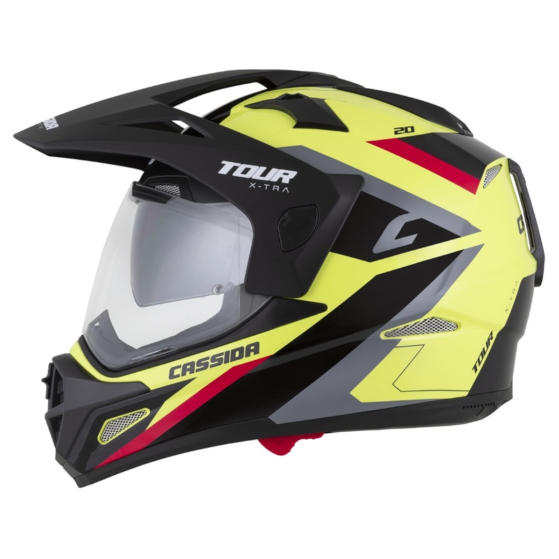 Enduro-Helm Cassida Tour 2.0 X-tra fluo gelb-schwarz-rot-grau mit schwarz-mattem Visier