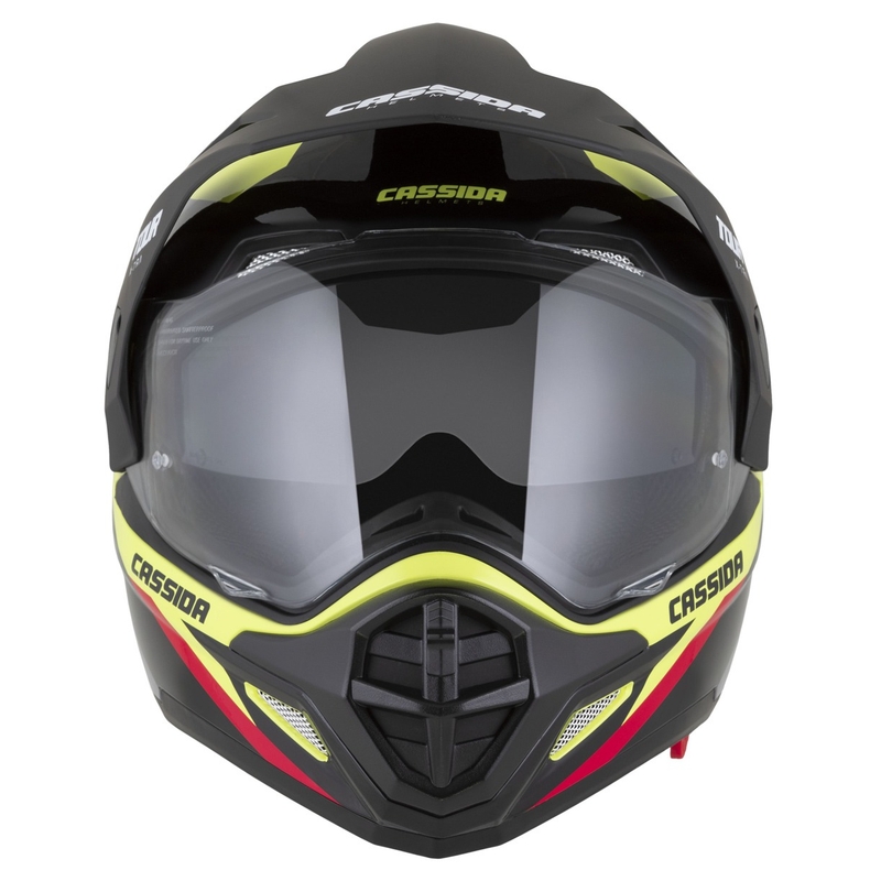 Enduro-Helm Cassida Tour 2.0 X-tra fluo gelb-schwarz-rot-grau mit schwarz-mattem Visier