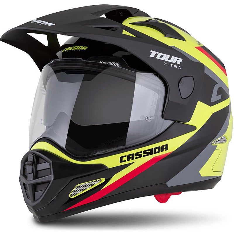Enduro-Helm Cassida Tour 2.0 X-tra fluo gelb-schwarz-rot-grau mit schwarz-mattem Visier
