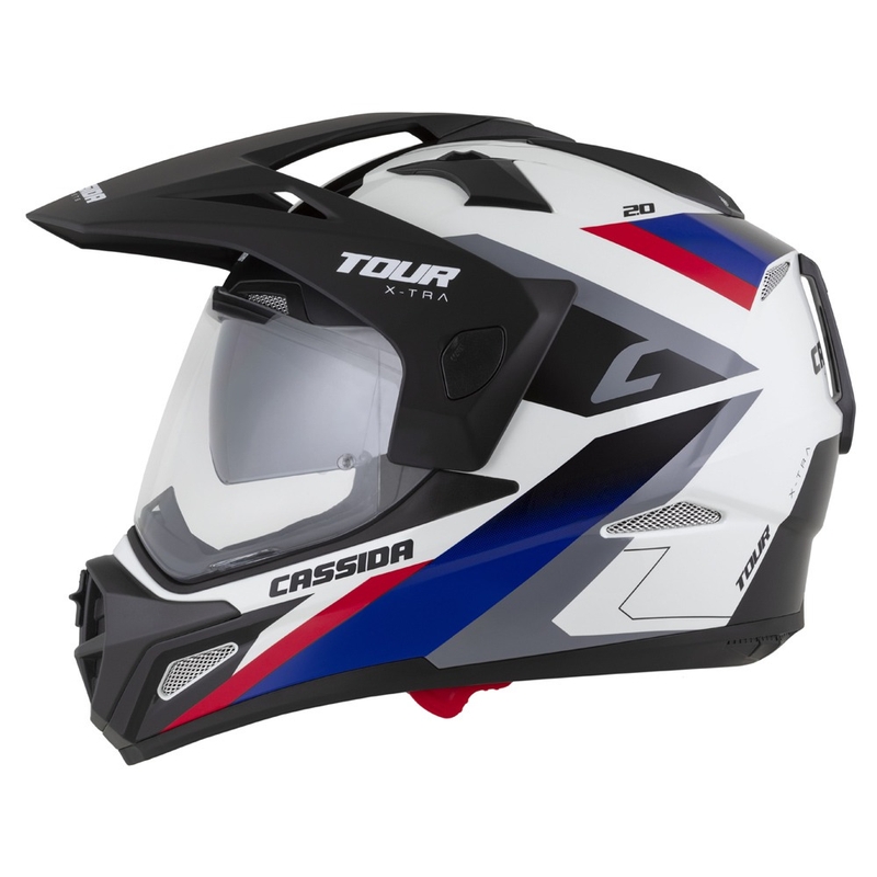 Endurohelm Cassida Tour 2.0 X-tra weiß-blau-rot-schwarz mit schwarzem mattem Visier