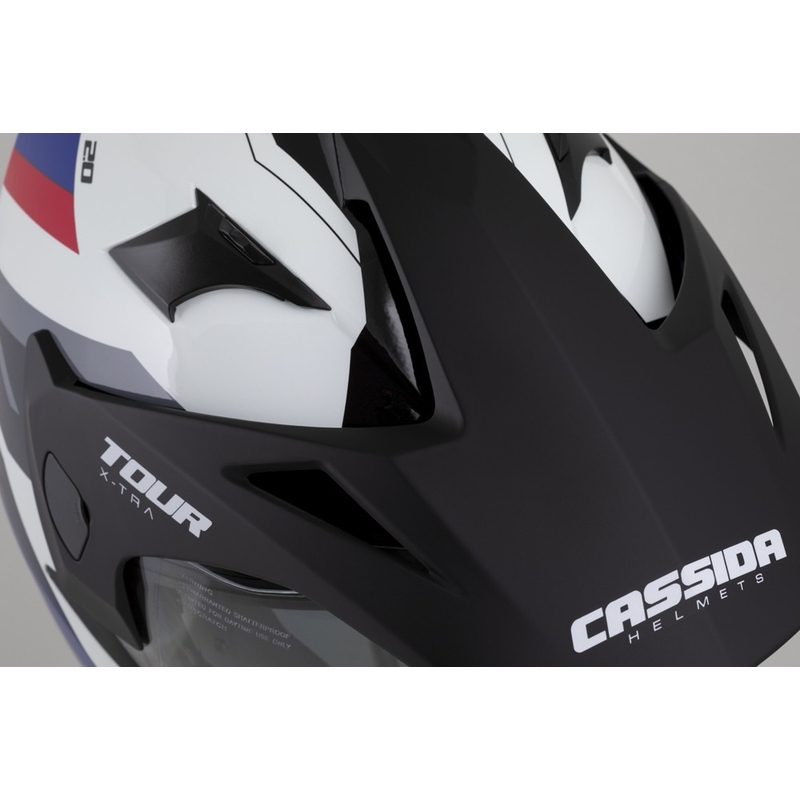 Endurohelm Cassida Tour 2.0 X-tra weiß-blau-rot-schwarz mit schwarzem mattem Visier