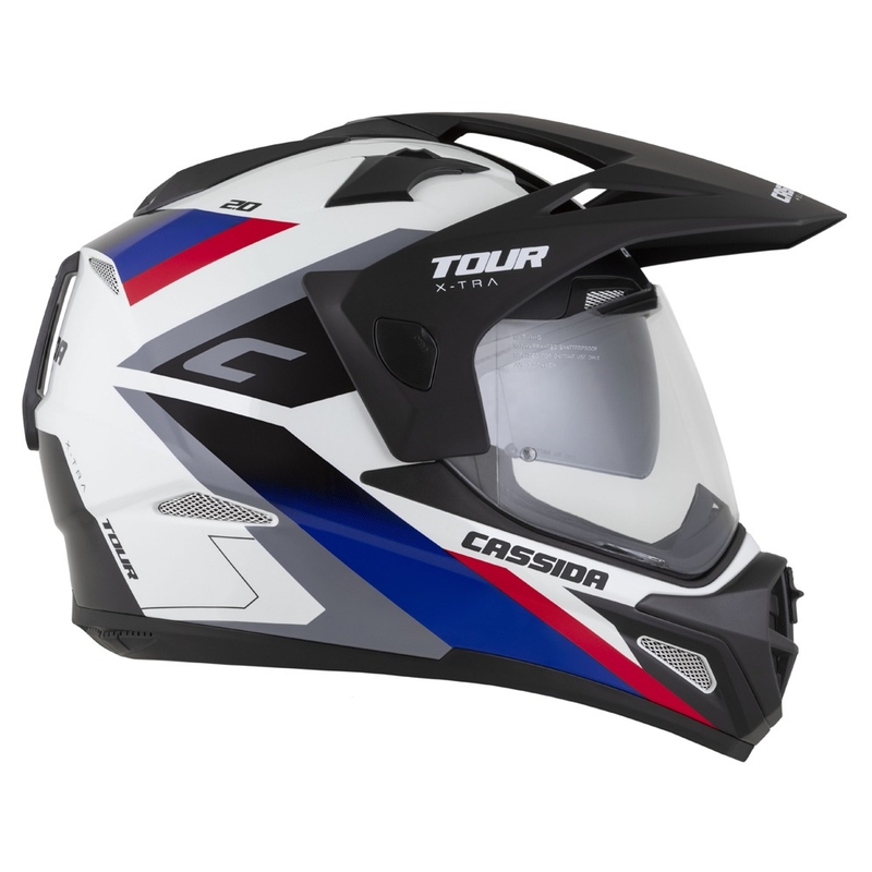 Endurohelm Cassida Tour 2.0 X-tra weiß-blau-rot-schwarz mit schwarzem mattem Visier