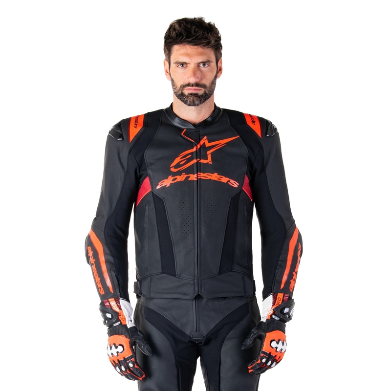 Alpinestars Missile 3 Ignition Leder-Motorradjacke Schwarz-Fluorot-Dunkelrot
