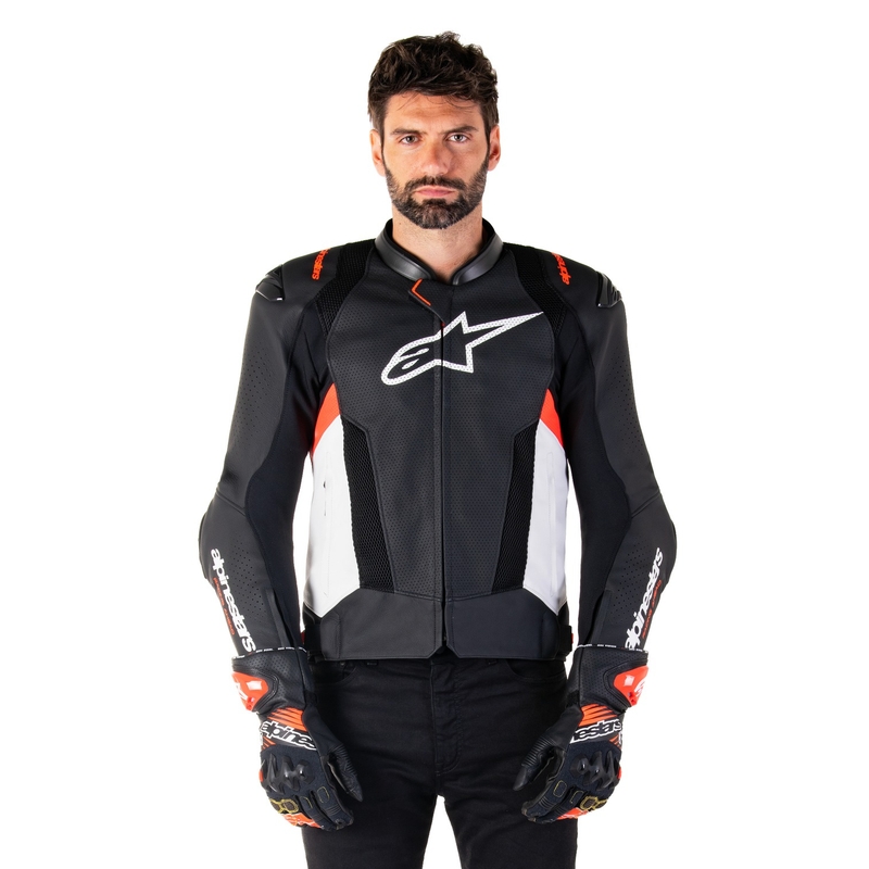 Leder-Motorradjacke Alpinestars Missile 3 Airflow Schwarz-Weiß-Fluorot