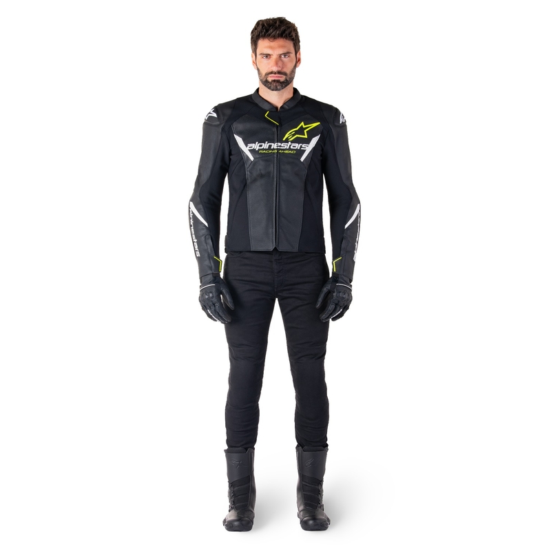 Leder-Motorradjacke Alpinestars Faster 3 Airflow schwarz-weiß-gelb