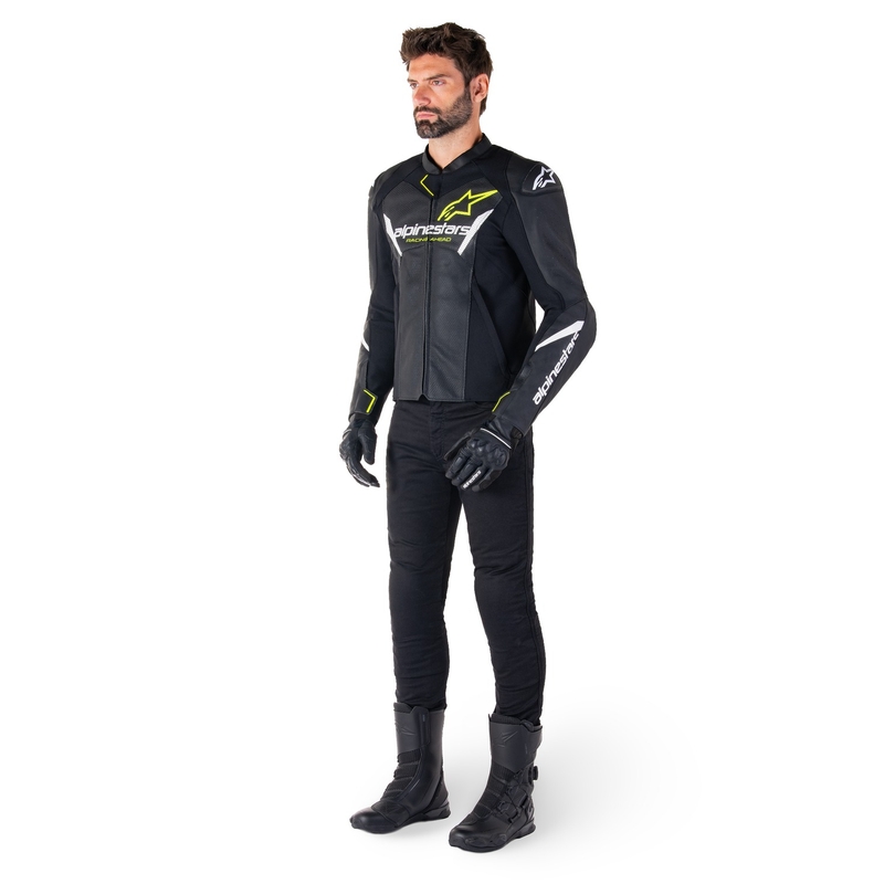 Leder-Motorradjacke Alpinestars Faster 3 Airflow schwarz-weiß-gelb
