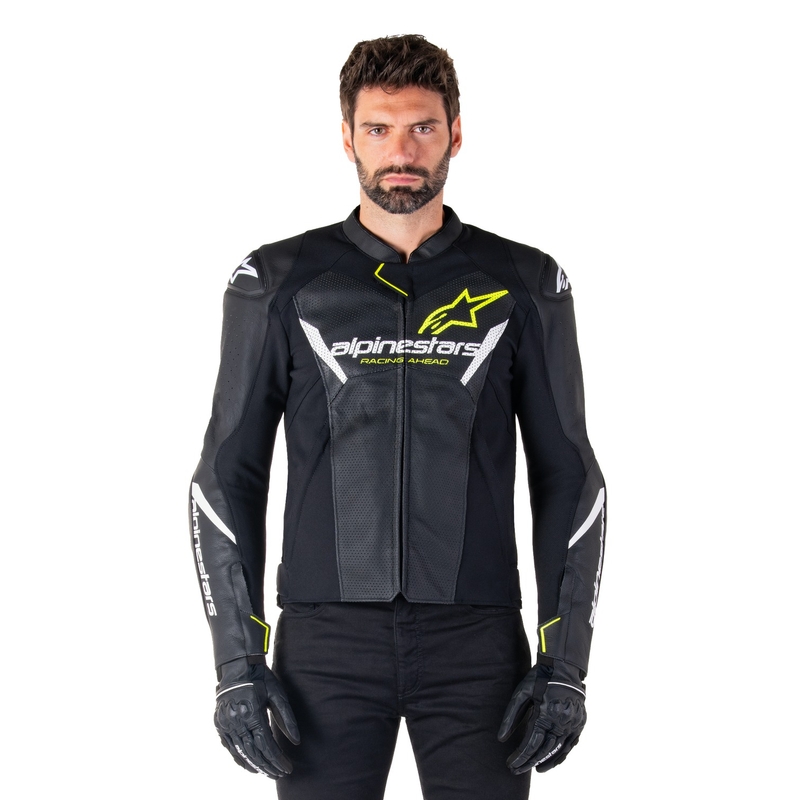 Leder-Motorradjacke Alpinestars Faster 3 Airflow schwarz-weiß-gelb