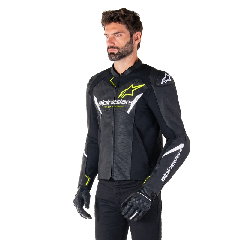 Leder-Motorradjacke Alpinestars Faster 3 Airflow schwarz-weiß-gelb