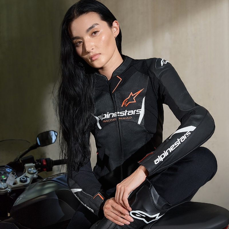 Damen-Leder-Motorradjacke Alpinestars Stella Faster 3 Schwarz-Weiß-Fluorot