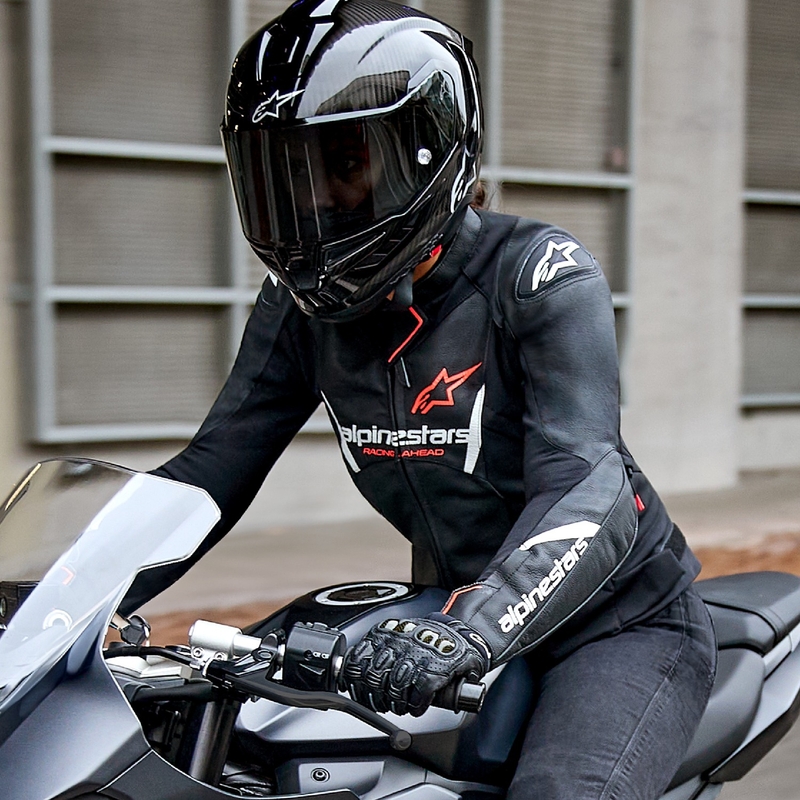 Damen-Leder-Motorradjacke Alpinestars Stella Faster 3 Schwarz-Weiß-Fluorot