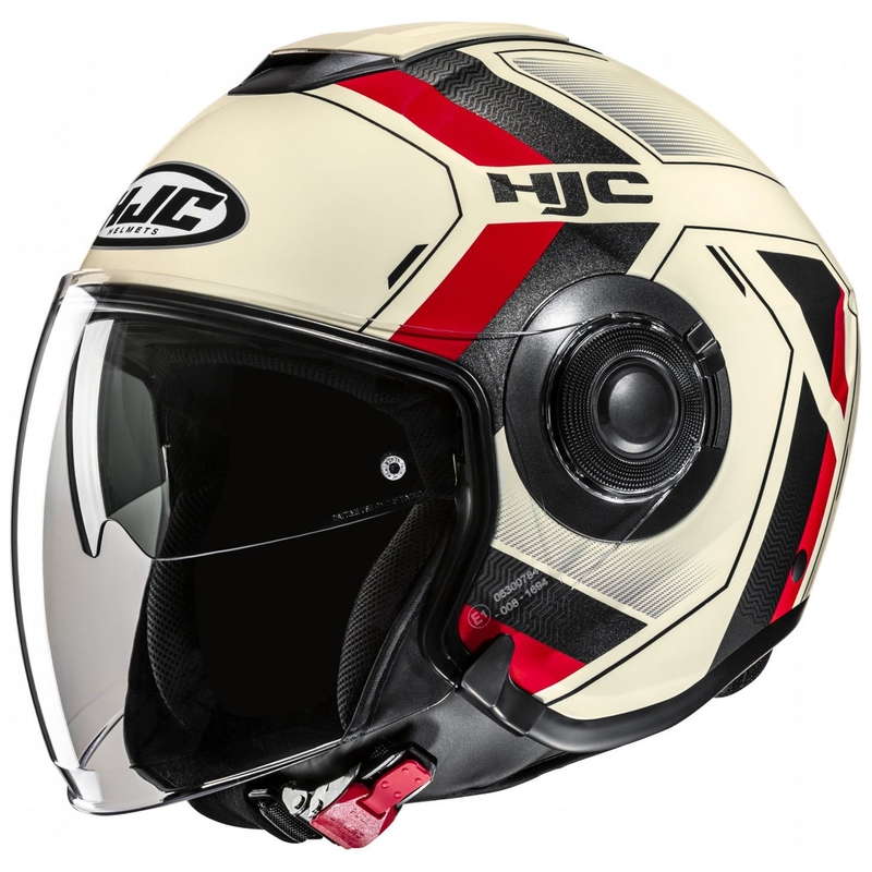Offener Motorradhelm HJC i40N Velu MC1 beige-schwarz-rot