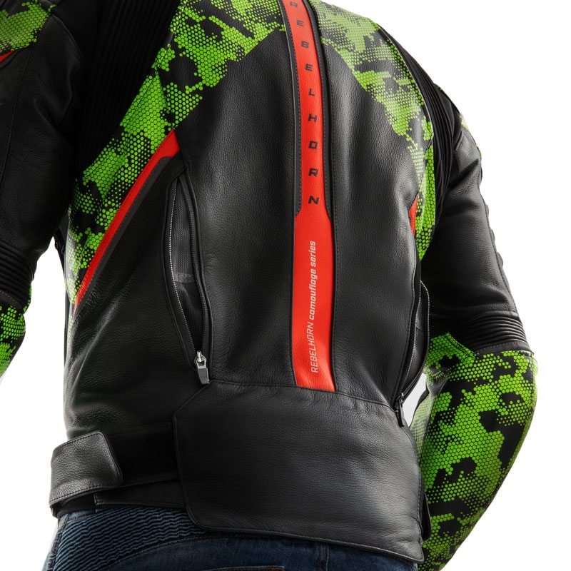 Motorrad-Lederjacke Rebelhorn Veloce schwarz-camogrün-fluorot