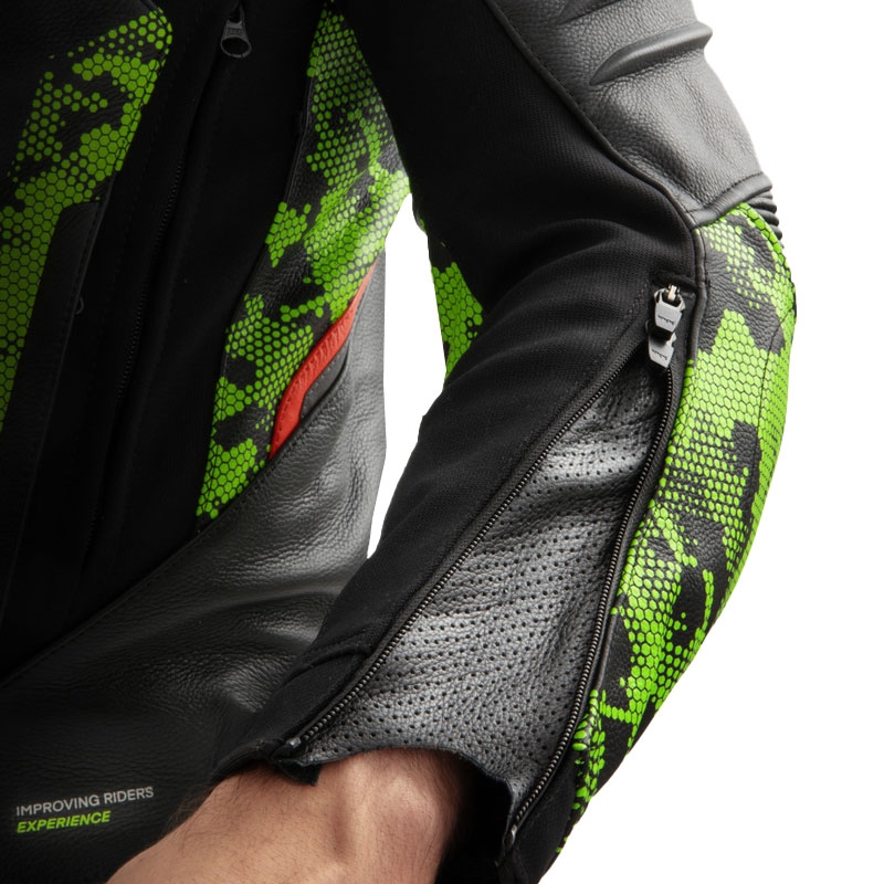 Motorrad-Lederjacke Rebelhorn Veloce schwarz-camogrün-fluorot