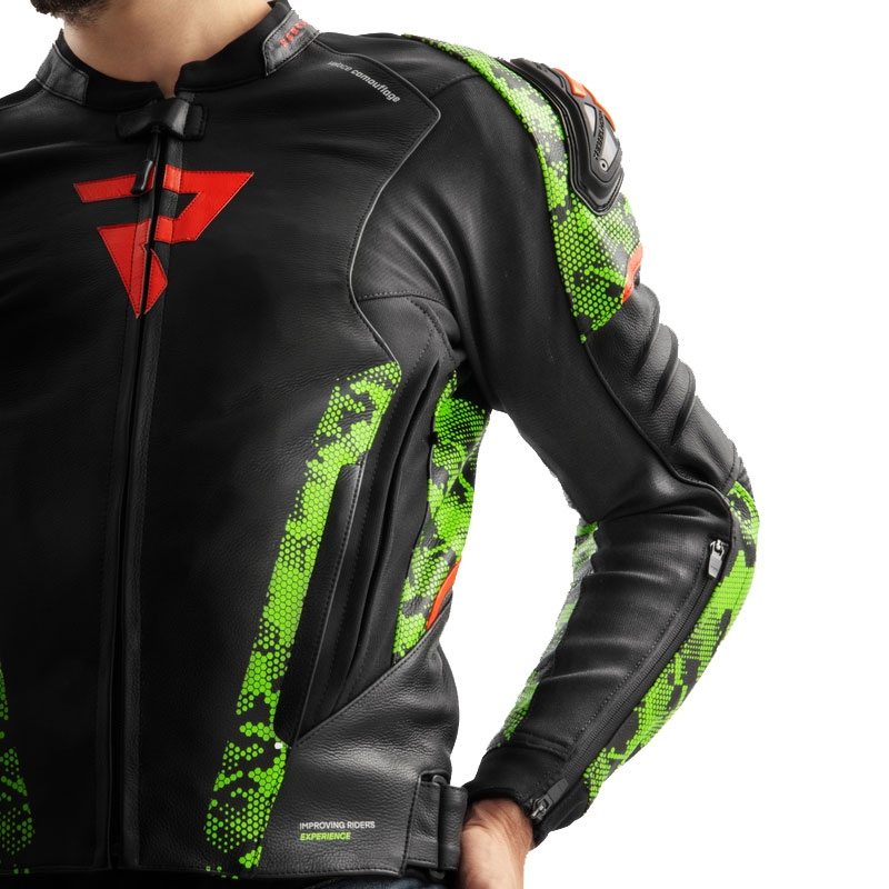 Motorrad-Lederjacke Rebelhorn Veloce schwarz-camogrün-fluorot