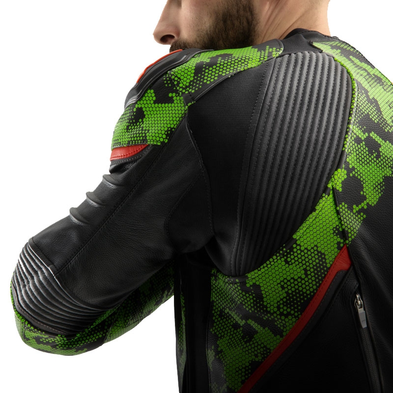 Motorrad-Lederjacke Rebelhorn Veloce schwarz-camogrün-fluorot