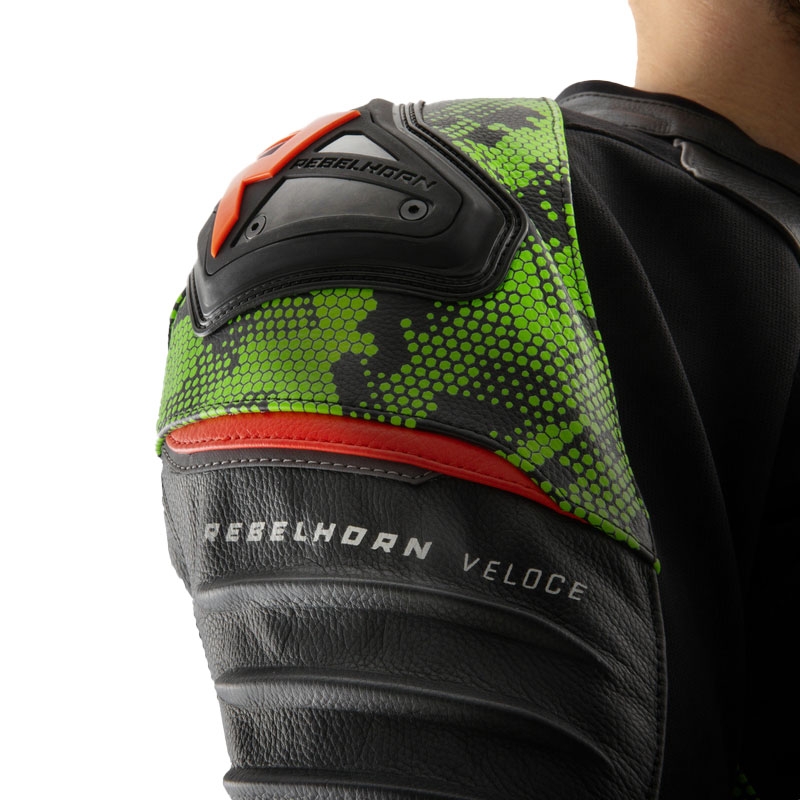 Motorrad-Lederjacke Rebelhorn Veloce schwarz-camogrün-fluorot