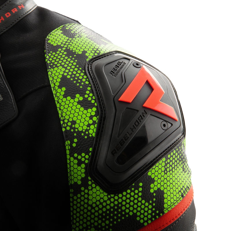Motorrad-Lederjacke Rebelhorn Veloce schwarz-camogrün-fluorot