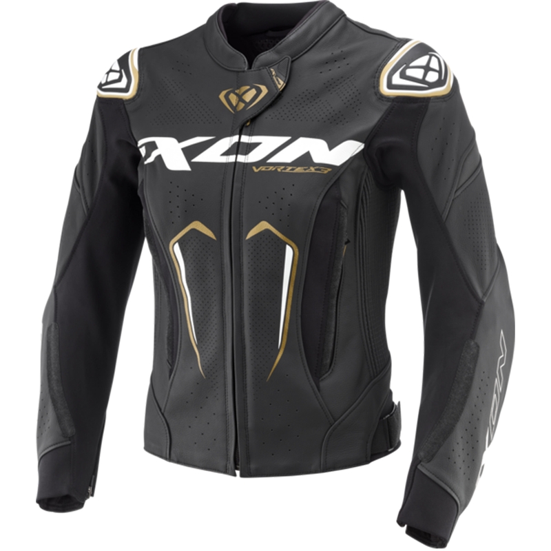 Damen-Leder-Motorradjacke IXON Vortex 3 schwarz-weiß-gold