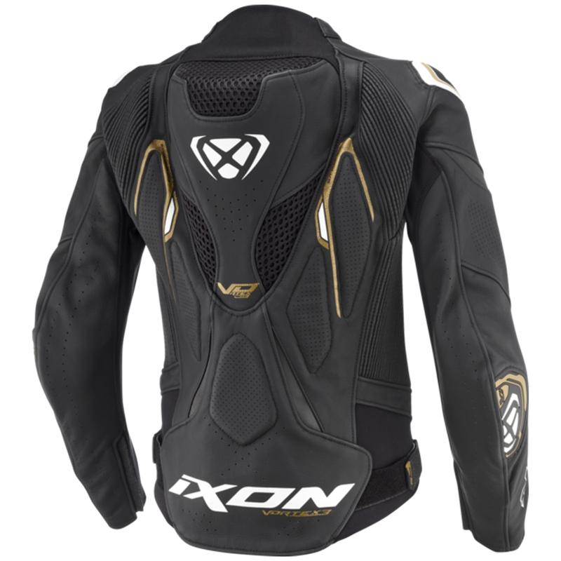 Damen-Leder-Motorradjacke IXON Vortex 3 schwarz-weiß-gold