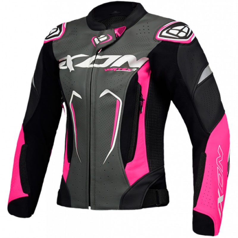 Damen-Leder-Motorradjacke IXON Vortex 3 schwarz-rosa-weiß