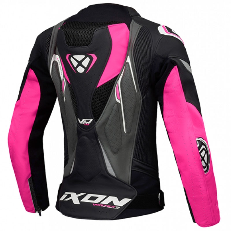 Damen-Leder-Motorradjacke IXON Vortex 3 schwarz-rosa-weiß
