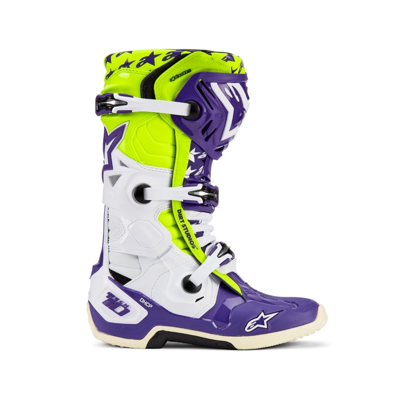 Alpinestars TECH 10 Motorradstiefel Limited Edition Dirt Studios lila-weiß-fluogelb