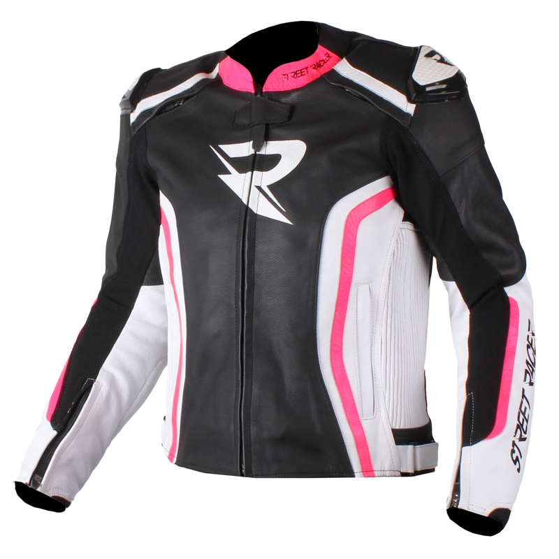 Women's Street Racer Adrianne Schwarz-Weiß-Fluo Pink Motorradjacke Ausverkauf