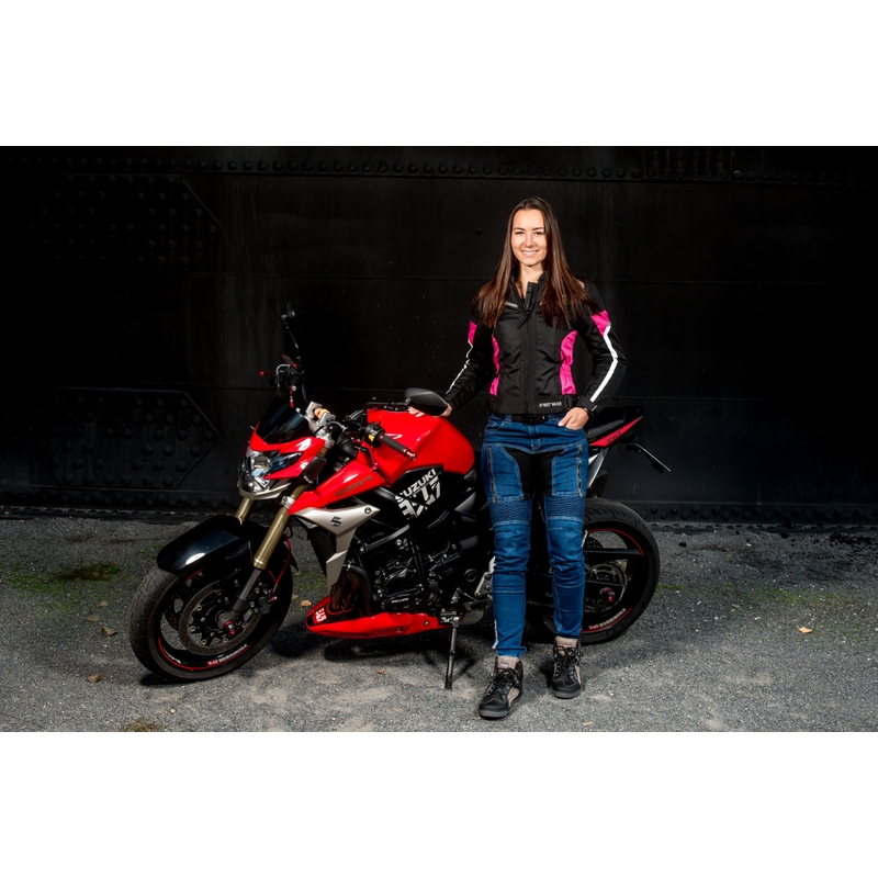 Damen-Motorradjacke Street Racer Betty Schwarz, Weiß und Rosa Ausverkauf