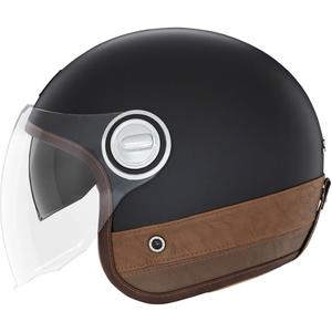 NOX PREMIUM Heritage Motorradhelm mit offenem Gesicht, mattschwarz mit braunem Leder