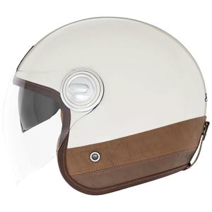 NOX PREMIUM Heritage Motorradhelm mit offenem Gesicht, Cremeweiß mit braunem Leder