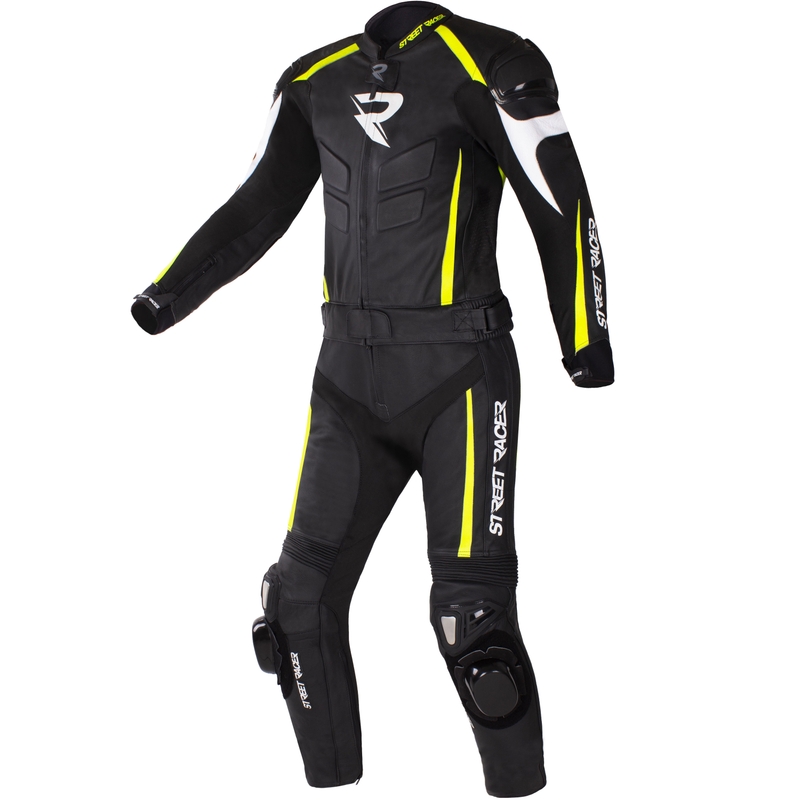 Street Racer Fast Track 2.1 Leder-Motorradkombi Schwarz-Fluoreszierendes Gelb-Weiß