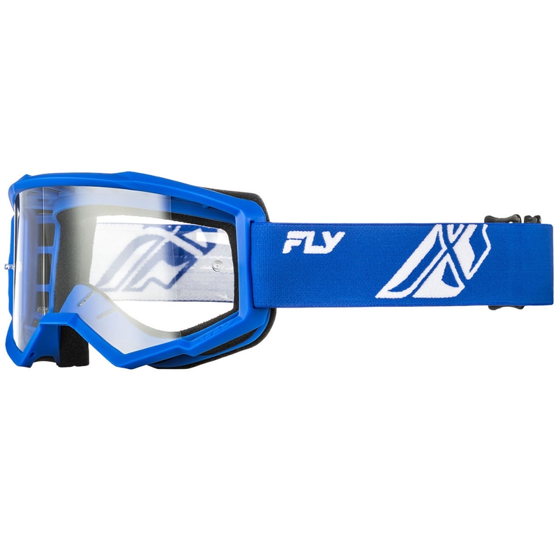 Fly Racing Focus blau-weiße Motocrossbrille mit klarem Plexiglas
