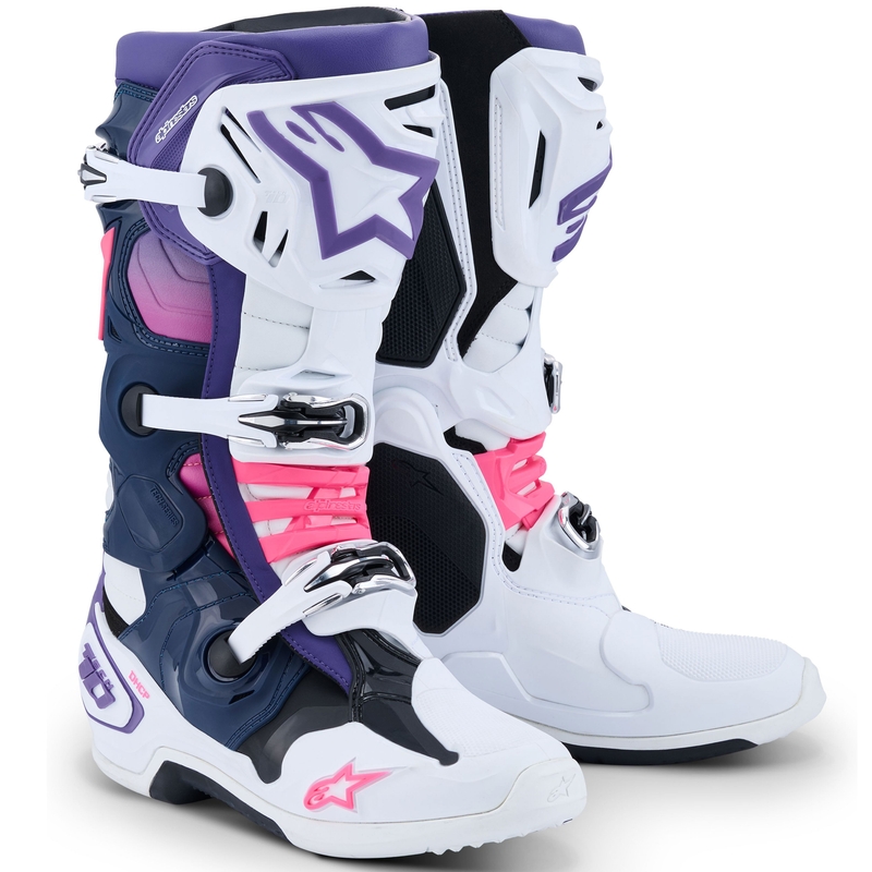 Alpinestars Tech 10 Motorradstiefel weiß-lila-blau-fluo pink