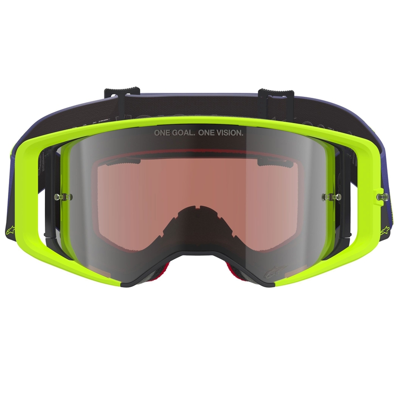 Alpinestars Supertech Vision Corp Motocrossbrille lila-gelb mit verspiegelter silberner Linse