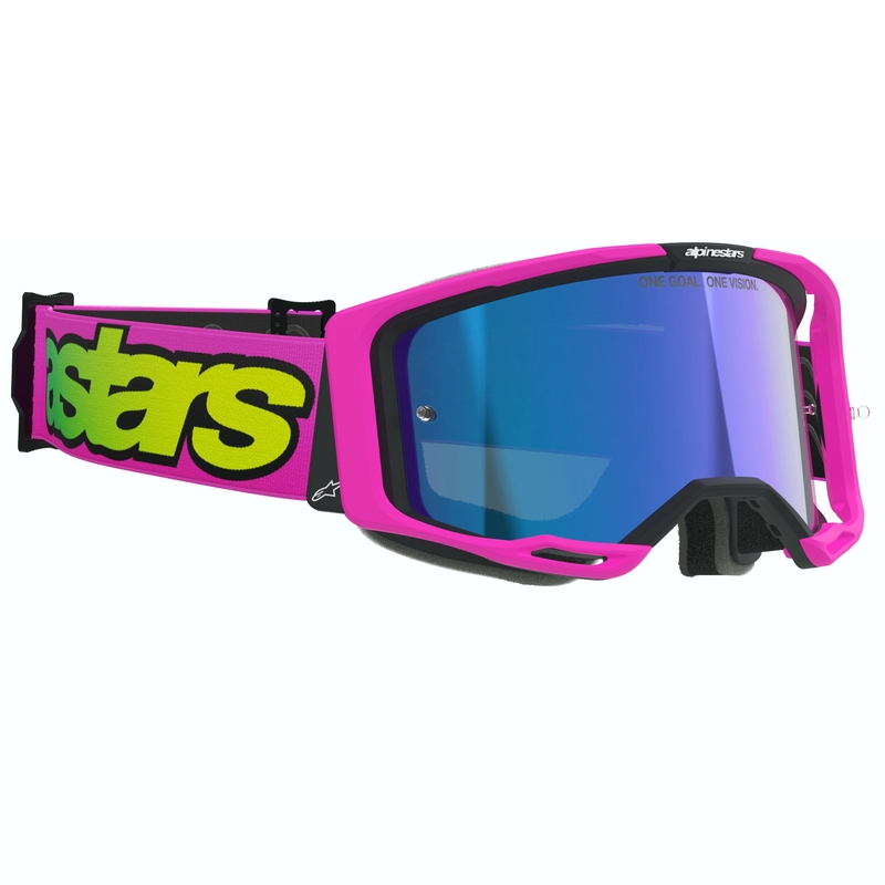 Alpinestars Vision 8 Vista Fluo Pink-Fluo Gelb-Grün Motocross-Brille mit verspiegelter blauer Linse