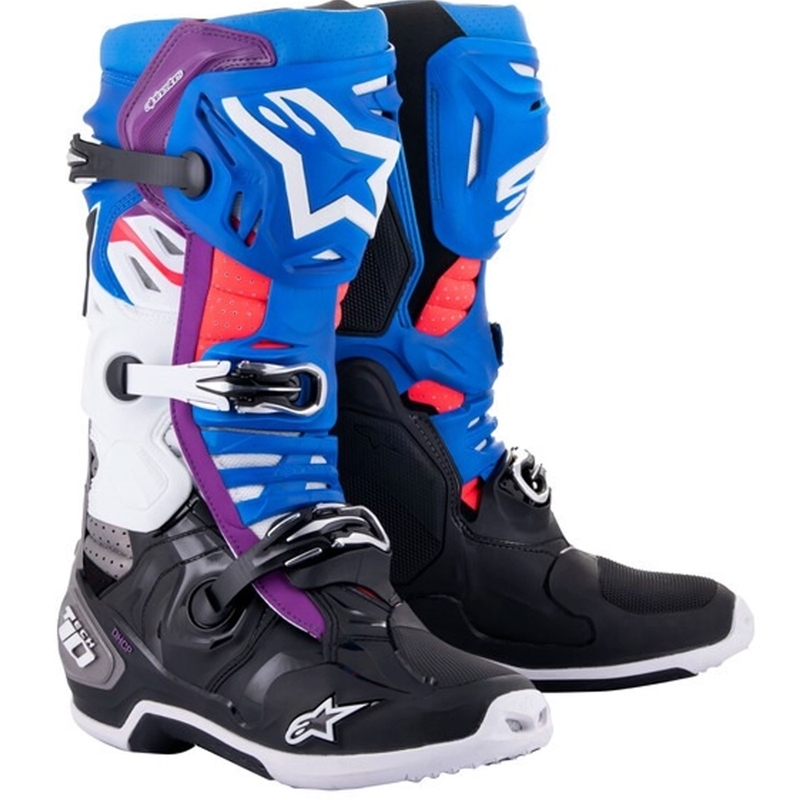 Alpinestars Tech 10 Supervented Motorradstiefel Perforiert Blau-Lila-Pink-Weiß-Grau-Schwarz