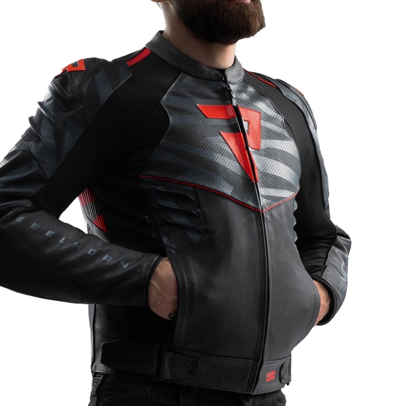 Rebelhorn Vandal 2 Leder-Motorradjacke, schwarz-grau-fluoreszierend rot