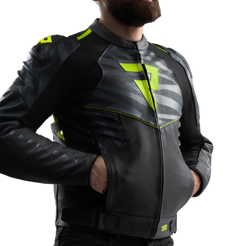 Rebelhorn Vandal 2 Leder-Motorradjacke, schwarz-grau-fluoreszierend gelb