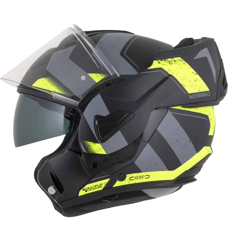Cassida MultiFlip Korp Klapphelm für Motorräder, matt schwarz-fluoreszierend gelb-grau