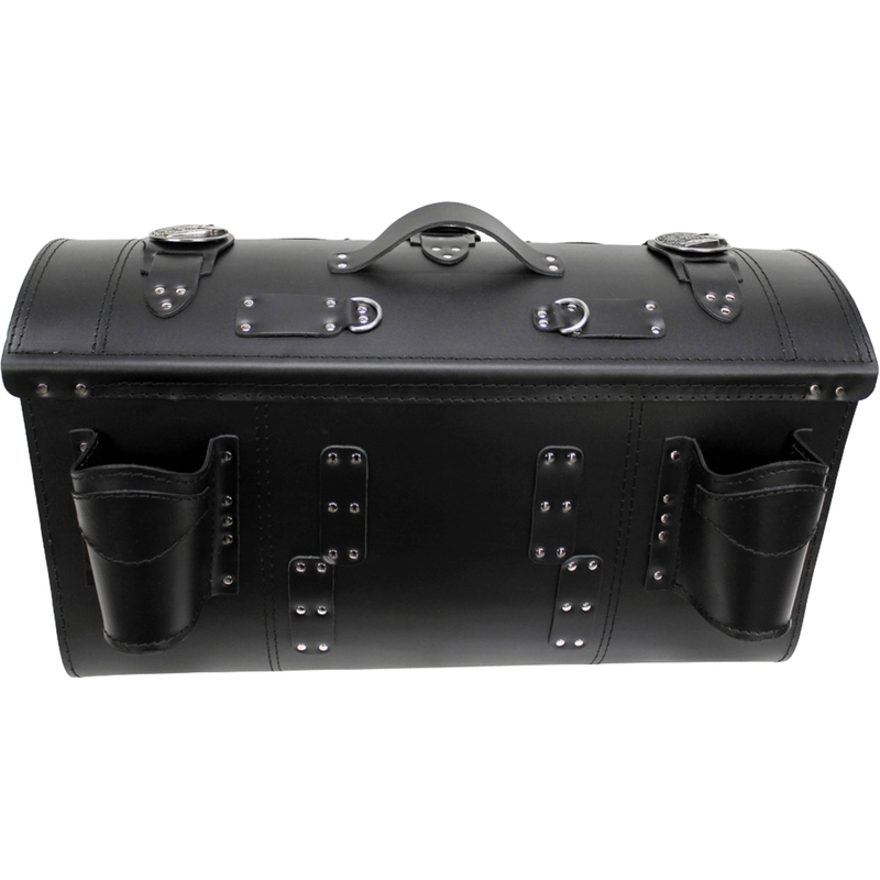 Motorradkoffer aus Leder mit Schloss, Nieten und Fransen, Modell RSA K183, schwarz