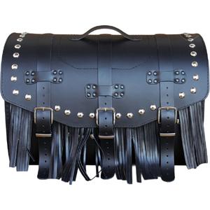 Motorradkoffer aus Leder mit Schloss, Nieten und Fransen, Modell RSA K451, schwarz