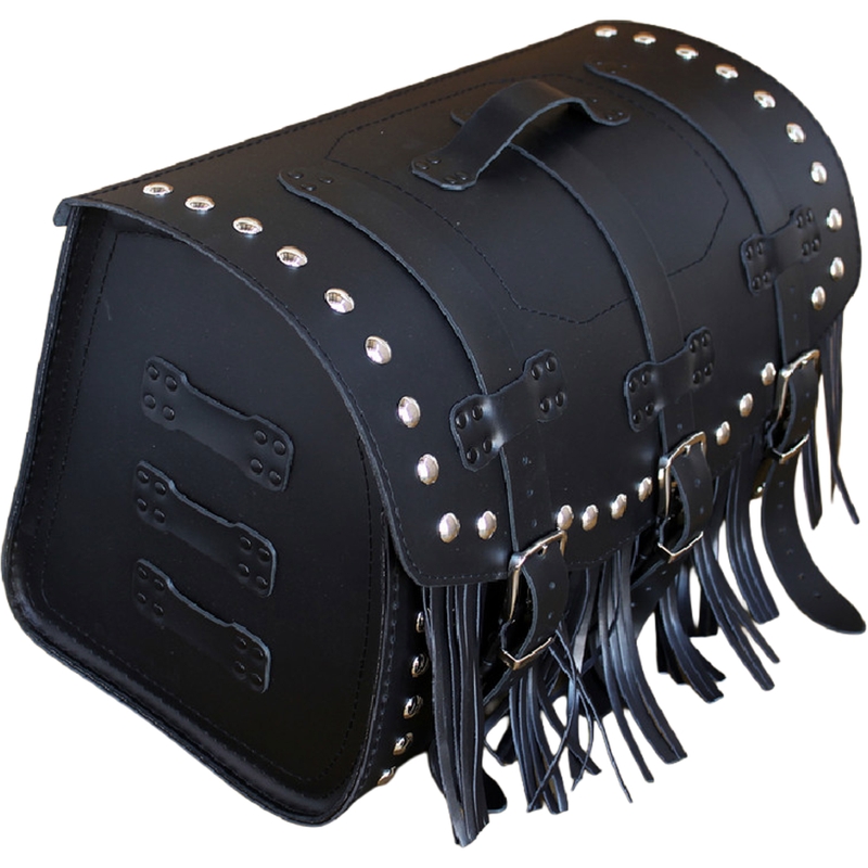 Motorradkoffer aus Leder mit Schloss, Nieten und Fransen, Modell RSA K451, schwarz