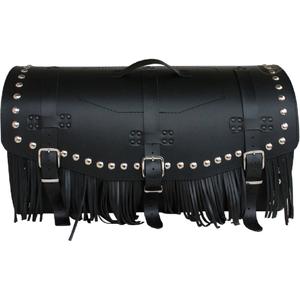 Motorradkoffer aus Leder mit Schloss, Nieten und Fransen, Modell RSA K461, schwarz