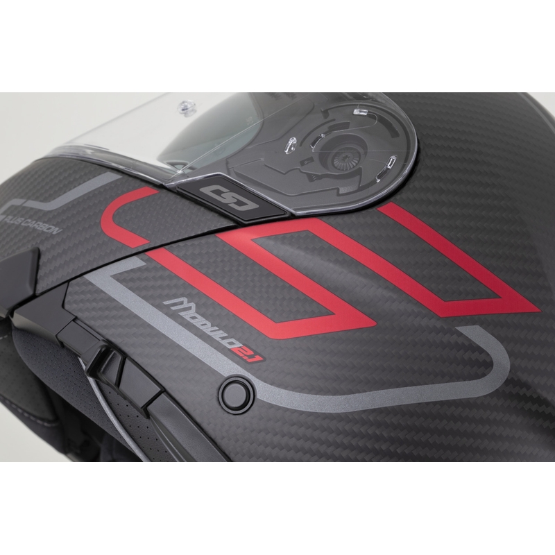 Klappbarer Motorradhelm Cassida Modulo 2.1 Plus Carbon BlackOut, matt schwarz-metallic rot-reflektierend silber-schwarz
