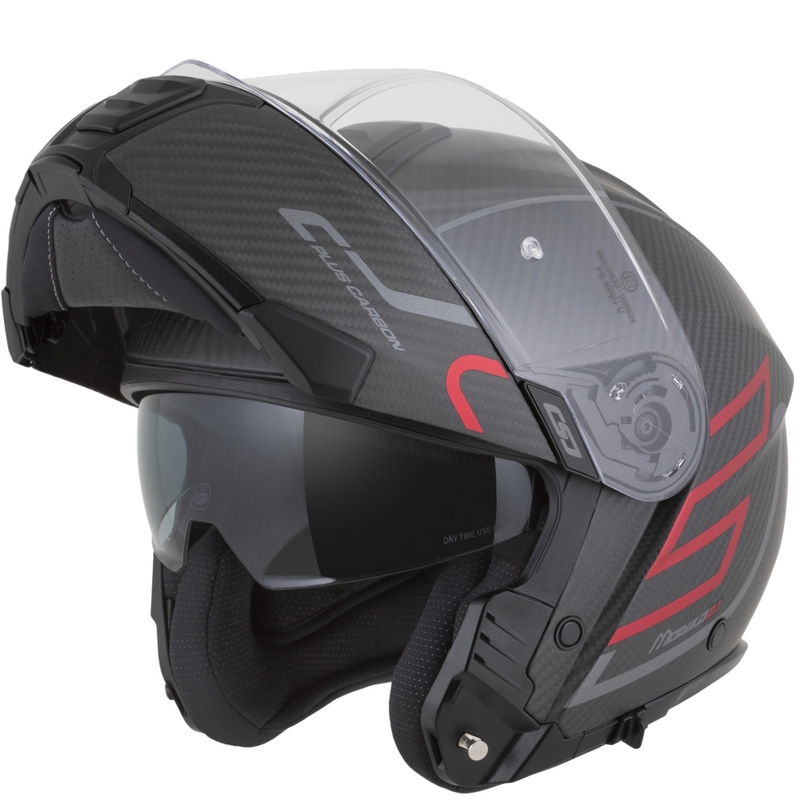 Klappbarer Motorradhelm Cassida Modulo 2.1 Plus Carbon BlackOut, matt schwarz-metallic rot-reflektierend silber-schwarz