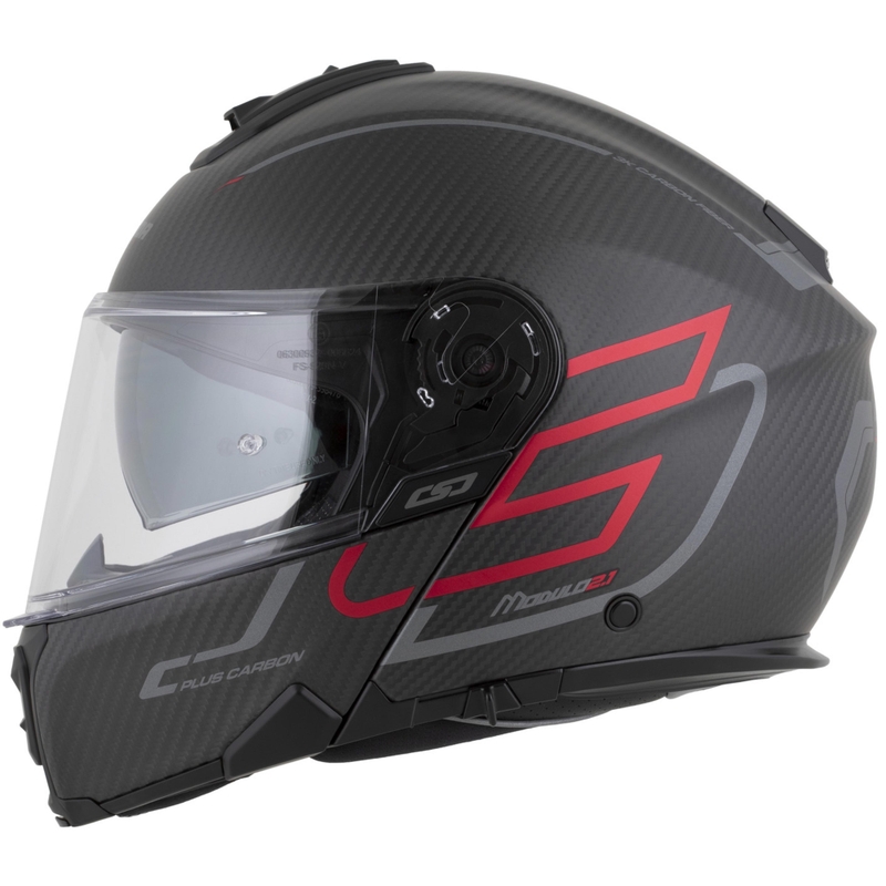 Klappbarer Motorradhelm Cassida Modulo 2.1 Plus Carbon BlackOut, matt schwarz-metallic rot-reflektierend silber-schwarz