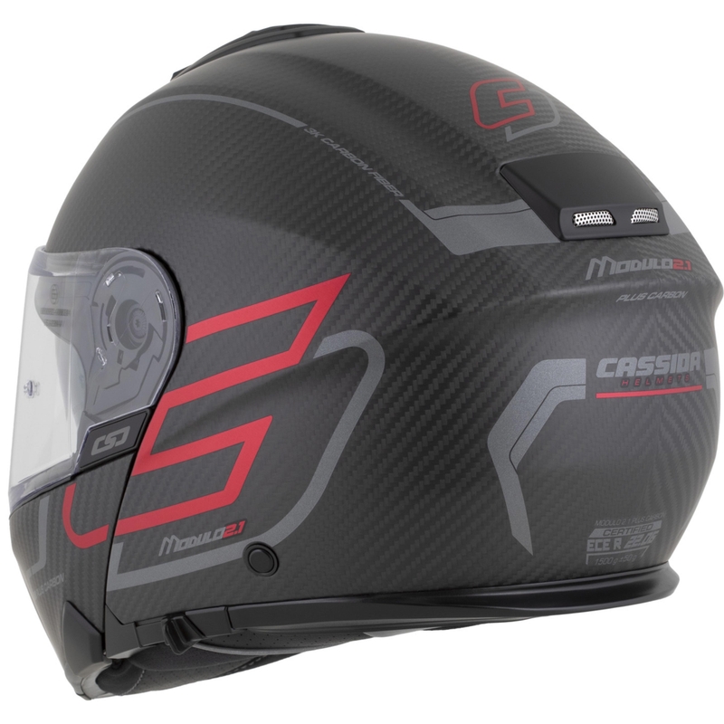 Klappbarer Motorradhelm Cassida Modulo 2.1 Plus Carbon BlackOut, matt schwarz-metallic rot-reflektierend silber-schwarz