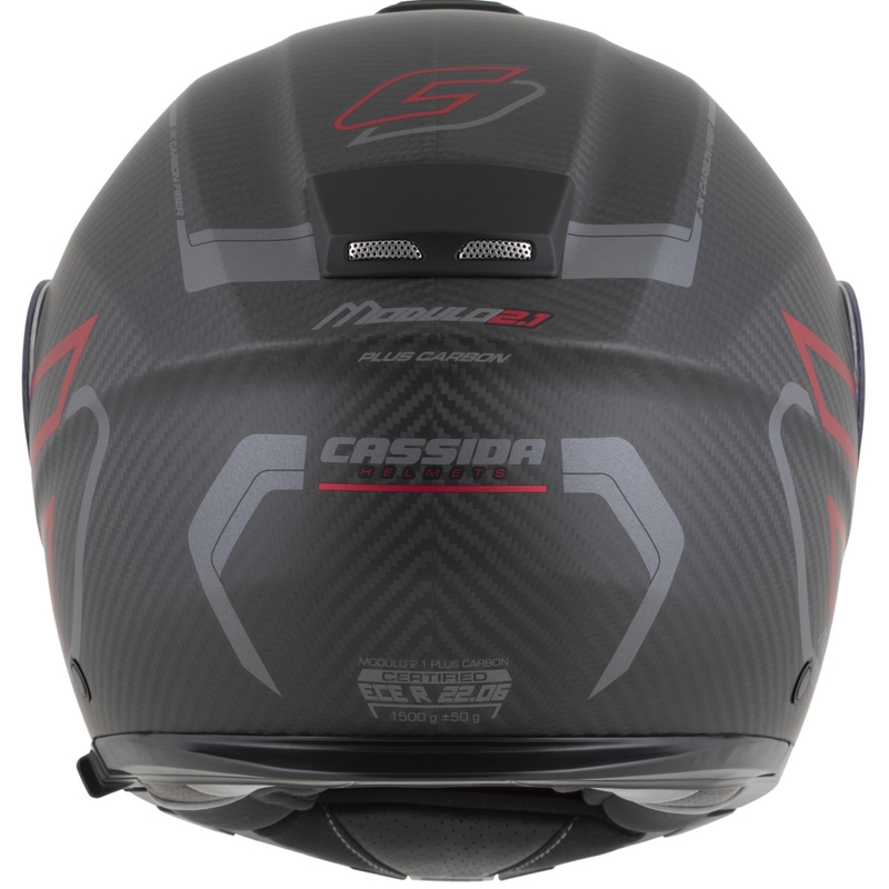 Klappbarer Motorradhelm Cassida Modulo 2.1 Plus Carbon BlackOut, matt schwarz-metallic rot-reflektierend silber-schwarz